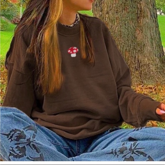Mushroom Embroidery Brown Pull Over Sweatshirt - Picture 3 of 8